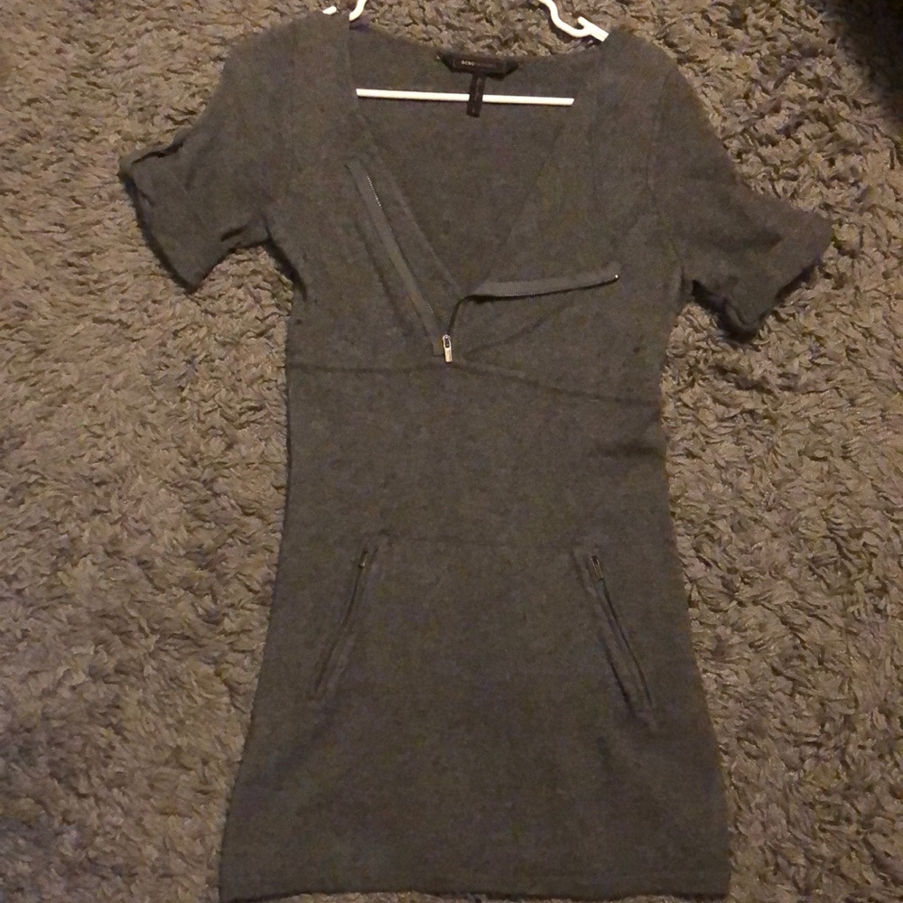 BCBG MAXAZRIA Small Gray Sweater Dress Quarter Zip with Zip Pockets